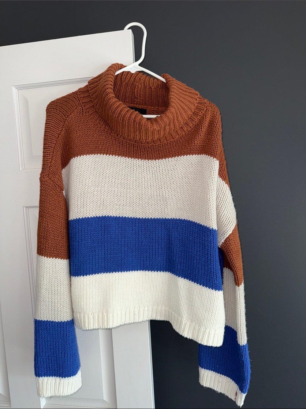Lumiere Striped Cowlneck Sweater in Rust, Cream & Blue - Picture 1 of 2
